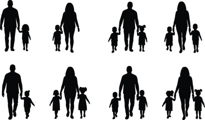 Silhouette parents walking with children holding hands, family bonding illustration, parenting support concept, togetherness lifestyle, childhood safety, caring family unity