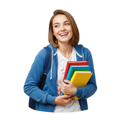 Happy young student holding books isolated on transparent background