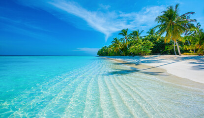 Tranquil closeup calm sea water waves with palm trees. Beautiful Panorama. Tropical island beach landscape exotic shore coast. Summer vacation, holiday amazing nature. Relax paradise, Maldives.