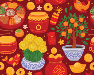Seamless pattern with elements for Lunar New Year, Chinese New Year. Bright holiday elements, lucky money bag, tangerine tree, yellow flowers, drum, candy box, gold coins on red background.