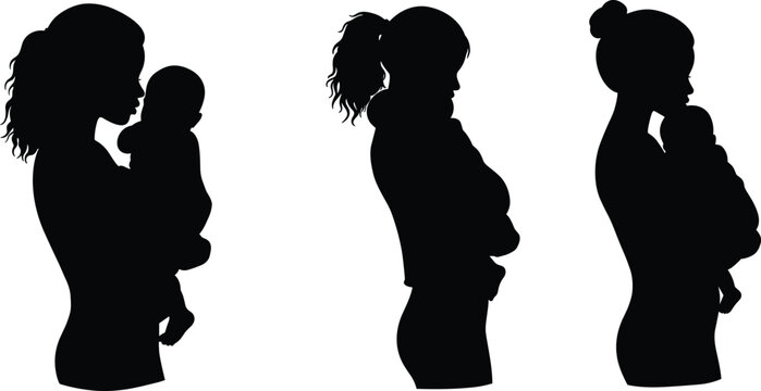 Silhouette mothers holding babies, nurturing maternal love, family care, motherhood bond, parenting concept, women with children, maternal affection, childcare illustration,