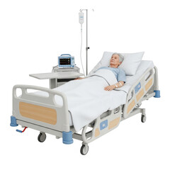 Elderly patient in hospital bed with medical equipment isolated on transparent background
