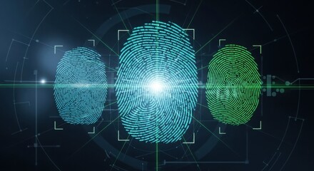 Biometric Authentication Security visualization with fingerprint and facial recognition patterns, modern security technology background with trust and precision themes
