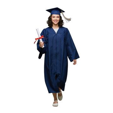 Smiling graduate in blue robe holding diploma isolated on transparent background