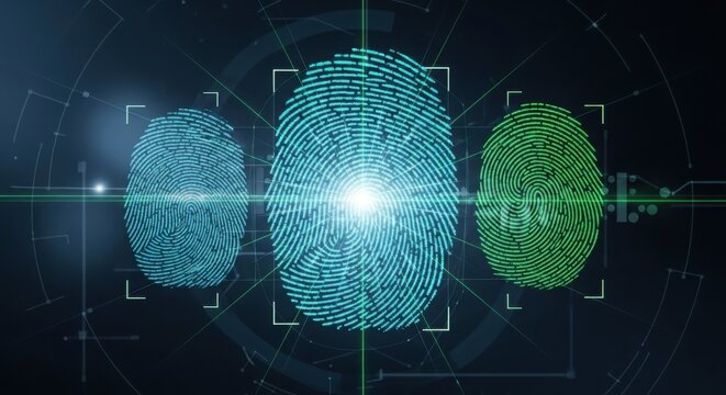 Biometric Authentication Security visualization with fingerprint and facial recognition patterns, modern security technology background with trust and precision themes