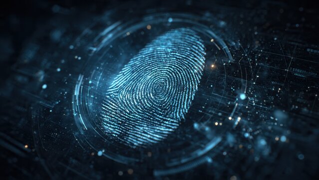 Biometric Authentication Security visualization with fingerprint and facial recognition patterns, modern security technology background with trust and precision themes