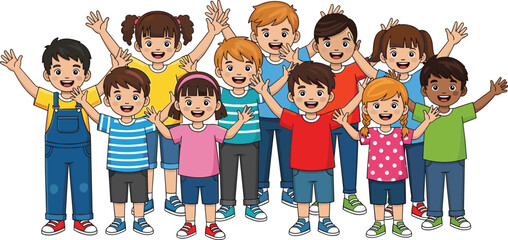 Happy diverse children raising hands, cheerful kids group, colorful clothing, smiling faces, unity, friendship, joy, multicultural, fun, playful, excited, standing together, childhood celebration.