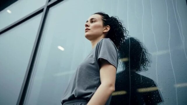 A self-assured woman lost in deep self-inquiry and inner contemplation while standing alone with a concerned mind captured through Generative AI.