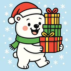 Cute cartoon polar bear with santa hat and scarf, happily carrying stacked colorful christmas gifts during winter snowfall.