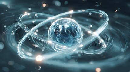 Abstract representation of subatomic particle movement shows glowing orbital paths around a central core