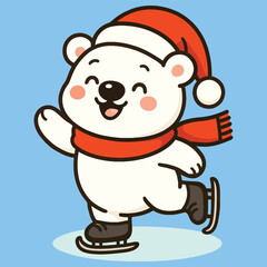 Cute cartoon polar bear in a santa hat and red scarf joyfully ice skating, perfect for winter holiday themes.