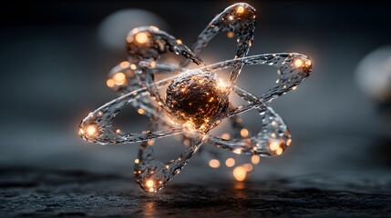 Glowing subatomic particle model rotates in dark, abstract environment