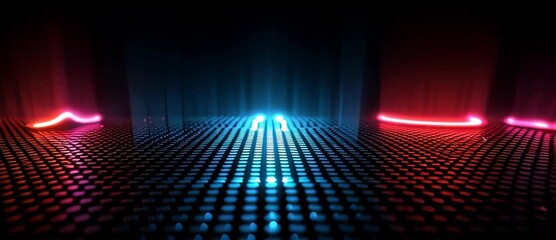 Futuristic stage with glowing pink and blue neon arches dotted grid lights, spacey ambience and glow - Powered by Adobe