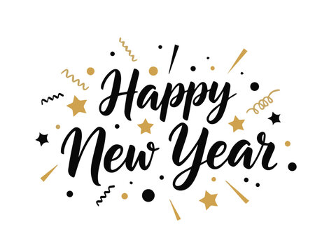 A sophisticated vector greeting with beautiful black script typography for "Happy New Year," decorated with a burst of gold stars, confetti, and festive swirls.