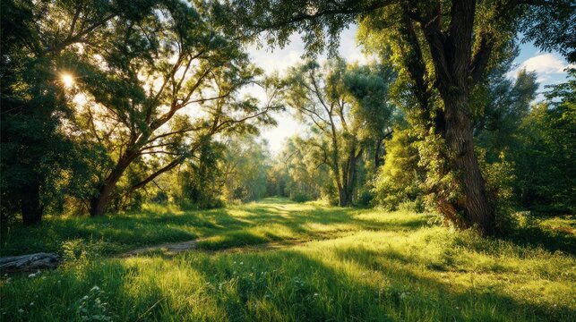 Sunny, overgrown path through a lush green forest, dappled sunlight streaming through leaves