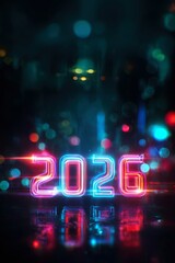 futuristic colorful glowing neon 2026 glowing numbers, dark background, bright bokeh lights and reflections, vertical modern digital background, copy space. cyberpunk atmosphere. New Year countdown