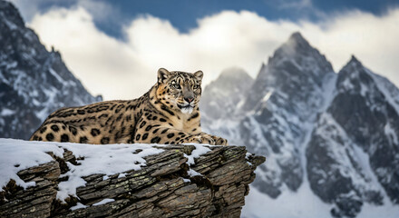 Snow Leopard on Mountain Rocks