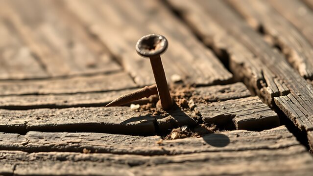 splinters. A single rusty nail hammered into a weathered wooden plank with splintered wood texture. product launch decks.