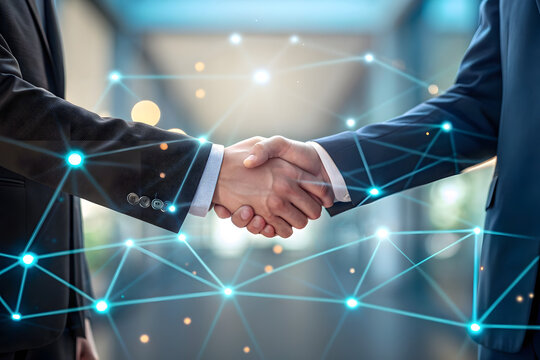 Digital business handshake in network background