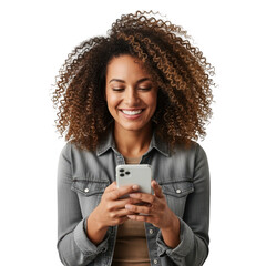Young woman smiling while texting on her phone isolated on transparent background