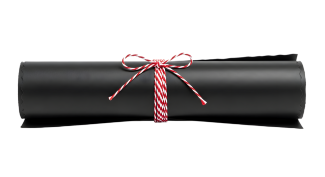 Gift - Black certificate or diploma rolled and tied with red and white string bow, isolated on white background, perfect for graduation or award presentations