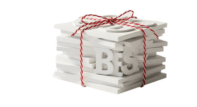 Gift - 3D stack of white books tied with red and white striped string, isolated on white background for education and gift concepts