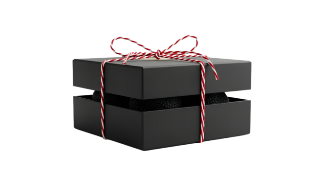Gift - Black square gift box with red and white striped twine bow on white background, perfect for luxury packaging or special occasions