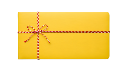 Gift - Bright yellow gift box wrapped with red and white striped ribbon on white background, perfect for presents and celebrations