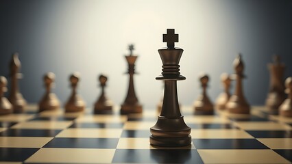 checkmate. Chess queen piece dominating the board with other pieces blurred overhead. tutorial guides, club newsletters, designed for tourism and weekend activity guides, used by event planners.