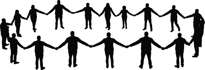 Silhouette people holding hands unity circle, community teamwork cooperation illustration, diverse group connection support, children adults together harmony, 