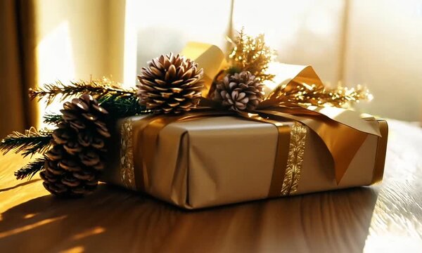 Bingkisan kotak berwarna emas terletak dimeja dengan bunga kering berwarna coklat berkesan mewah untuk hadiah hari raya 