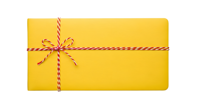 Gift - Bright yellow gift box wrapped with red and white striped ribbon on white background, perfect for presents and celebrations