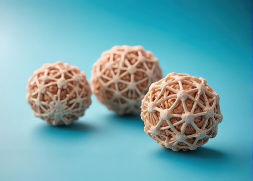 Woven spheres resembling renal cortex on a pastel blue backdrop
