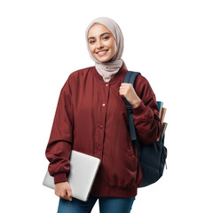Young muslim woman with hijab and backpack holding a laptop isolated on transparent background