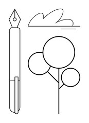 Fountain pen, abstract tree with geometric shape branches, and minimalist cloud design. Ideal for creativity, writing, art, minimalism, nature balance self-expression. Simple flat metaphor