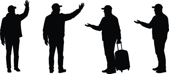 Silhouette man traveler with cap, jacket, pants, suitcase, walking, standing, posing, isolated black figure, journey, tourism, airport, luggage, adventure, exploration,