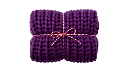 Gift - Handmade chunky knit purple blanket tied with red and white string, cozy home accessory perfect for gifts and decor