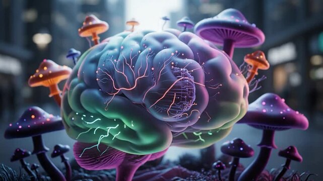 Surreal illustration of a brain covered in glowing mushrooms in an urban environment