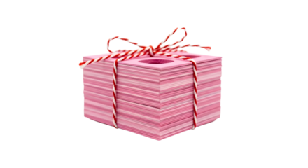 Gift - Pink striped gift box wrapped with candy cane striped ribbon on white background, perfect for Christmas or birthday presents