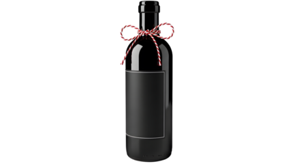 Gift - Bottle of red wine with blank label and red tied ribbon bow on black background, perfect for holiday gifts and celebrations