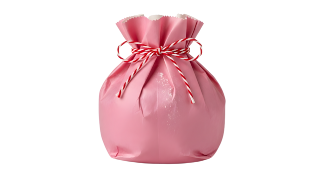 Gift - Pink fabric gift bag tied with red and white string on white background, perfect for weddings and birthdays