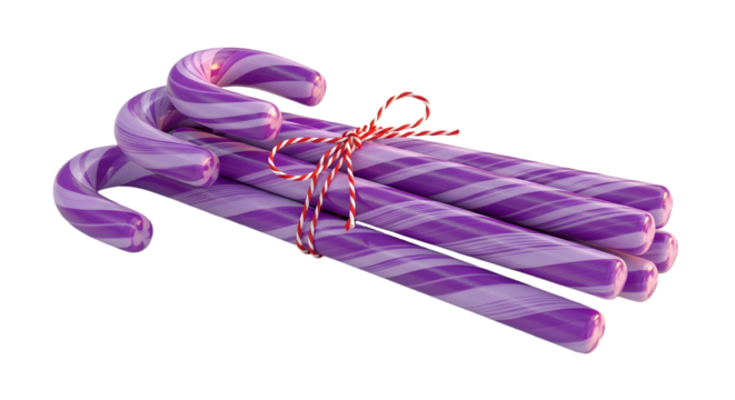 Gift - Purple candy canes tied with red and white string, festive holiday sweets, perfect for Christmas decoration and winter celebrations