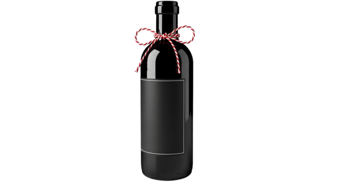 Gift - Bottle of red wine with blank label and red tied ribbon bow on black background, perfect for holiday gifts and celebrations