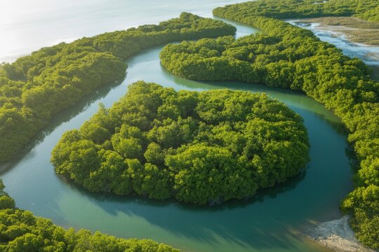 Aerial view of a winding river through lush green mangrove forest - Powered by Adobe