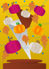 Mockup product display with Thanksgiving Autumn leaf and Pumpkin. Vector cylinder pedestal podium. Stage showcase for presentation. Minimal geometric forms.