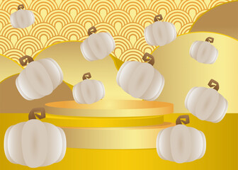 Mockup product display with Thanksgiving Autumn leaf and Pumpkin. Vector cylinder pedestal podium. Stage showcase for presentation. Minimal geometric forms.