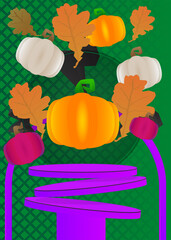 Mockup product display with Thanksgiving Autumn leaf and Pumpkin. Vector cylinder pedestal podium. Stage showcase for presentation. Minimal geometric forms.