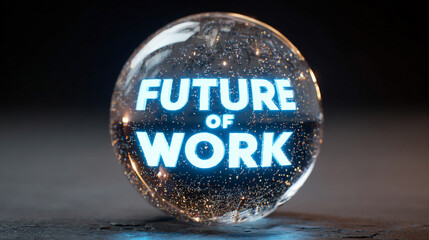 A floating sphere displays a "future of work" hologram symbolizing innovation technology and the evolution of professional environments representing digital transformation and visionary ideas
