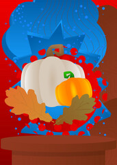 Mockup product display with Thanksgiving Autumn leaf and Pumpkin. Vector cylinder pedestal podium. Stage showcase for presentation. Minimal geometric forms.