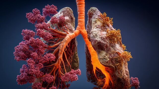 Anatomical Visualization of Human Lungs Displaying Detailed Structures Including Airways, Alveoli, and Vascular Components for Educational Purposes in Biology and Medicine